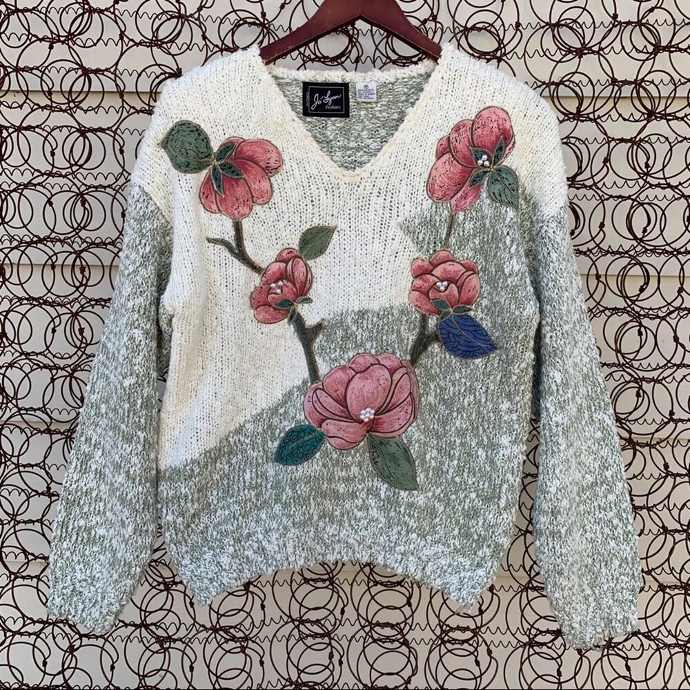 Vintage 90s rose appliqué chunky sweater cottagecore granny lagenlook MEDIUM